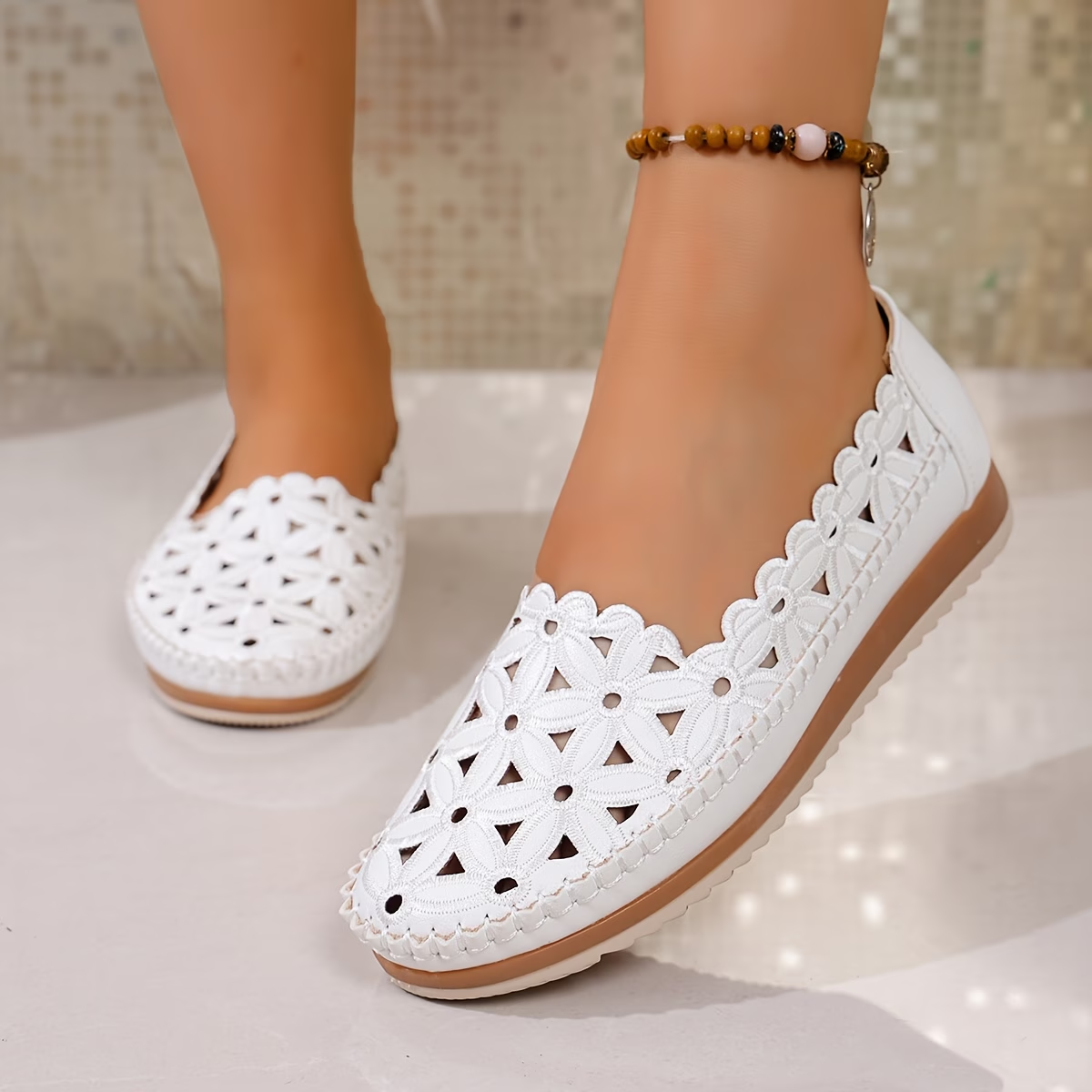 Floral Cutout Slip-On Flats with Soft Cushioned Sole and Breathable Design