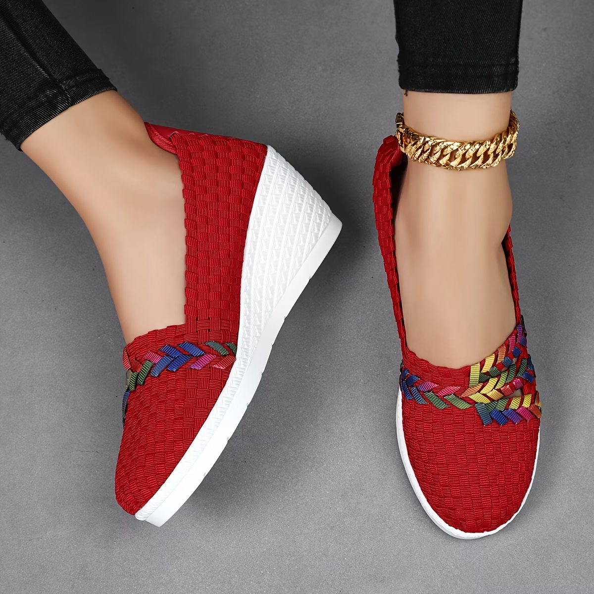 Woven Slip On Wedge Flats with Braided Detail and Lightweight Sole