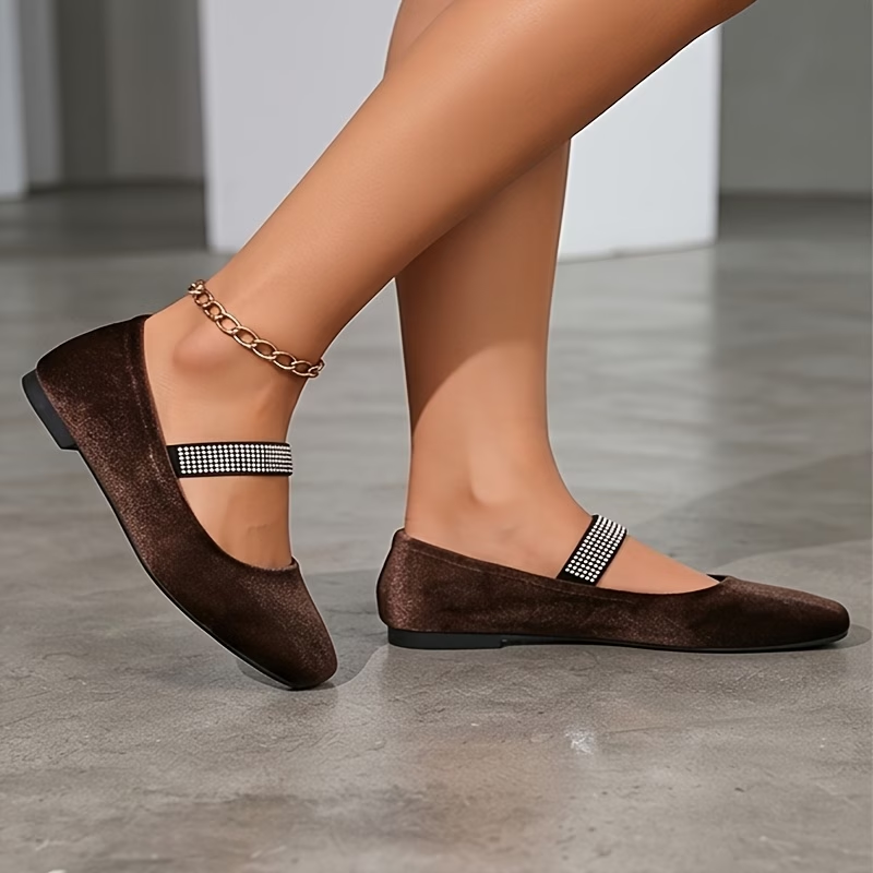 Suede Square Toe Mary Jane Flats with Rhinestone Strap
