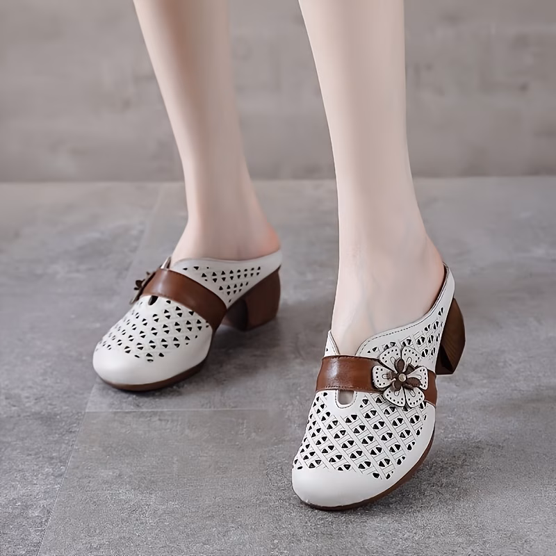 chunky heel hollow out womens 2025 summer vintage toe post women shoes ethnic style breathable mommy shoes Product details 0