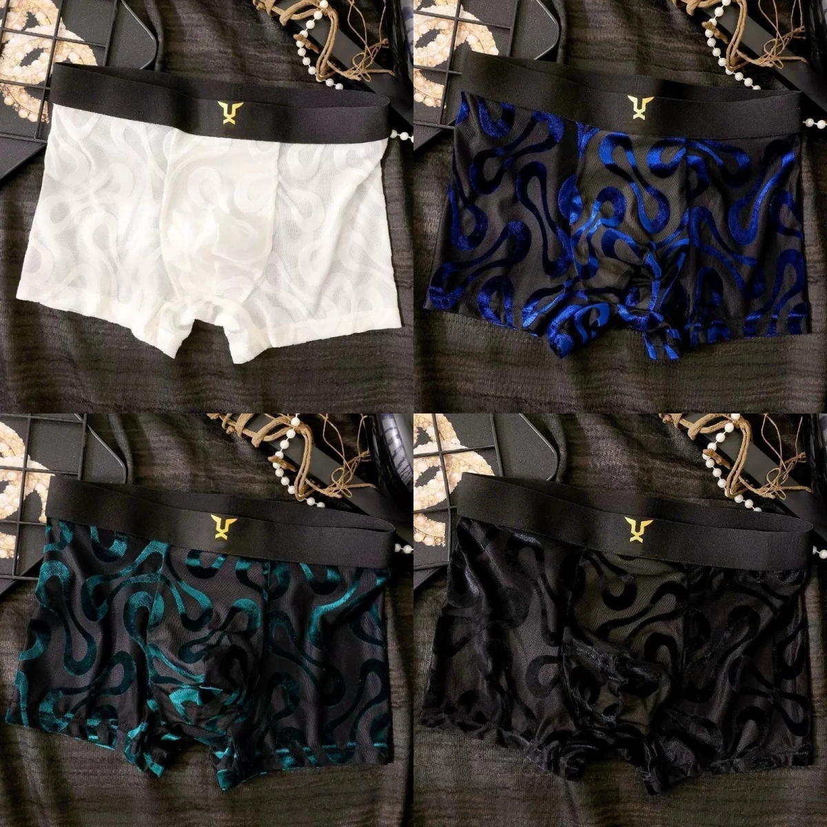 Sheer Mesh Boxer Briefs with Abstract Swirl Print
