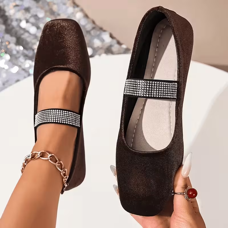 Suede Square Toe Mary Jane Flats with Rhinestone Strap