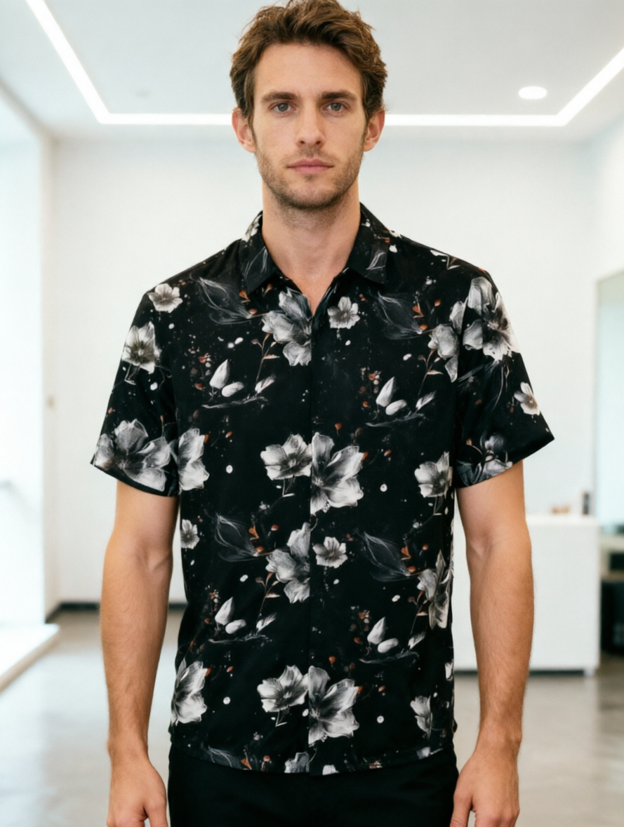 Midnight Bloom Short Sleeve Shirt Artistic Floral Print