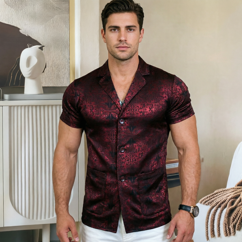 Crimson Dynasty Jacquard Short-Sleeve Blazer