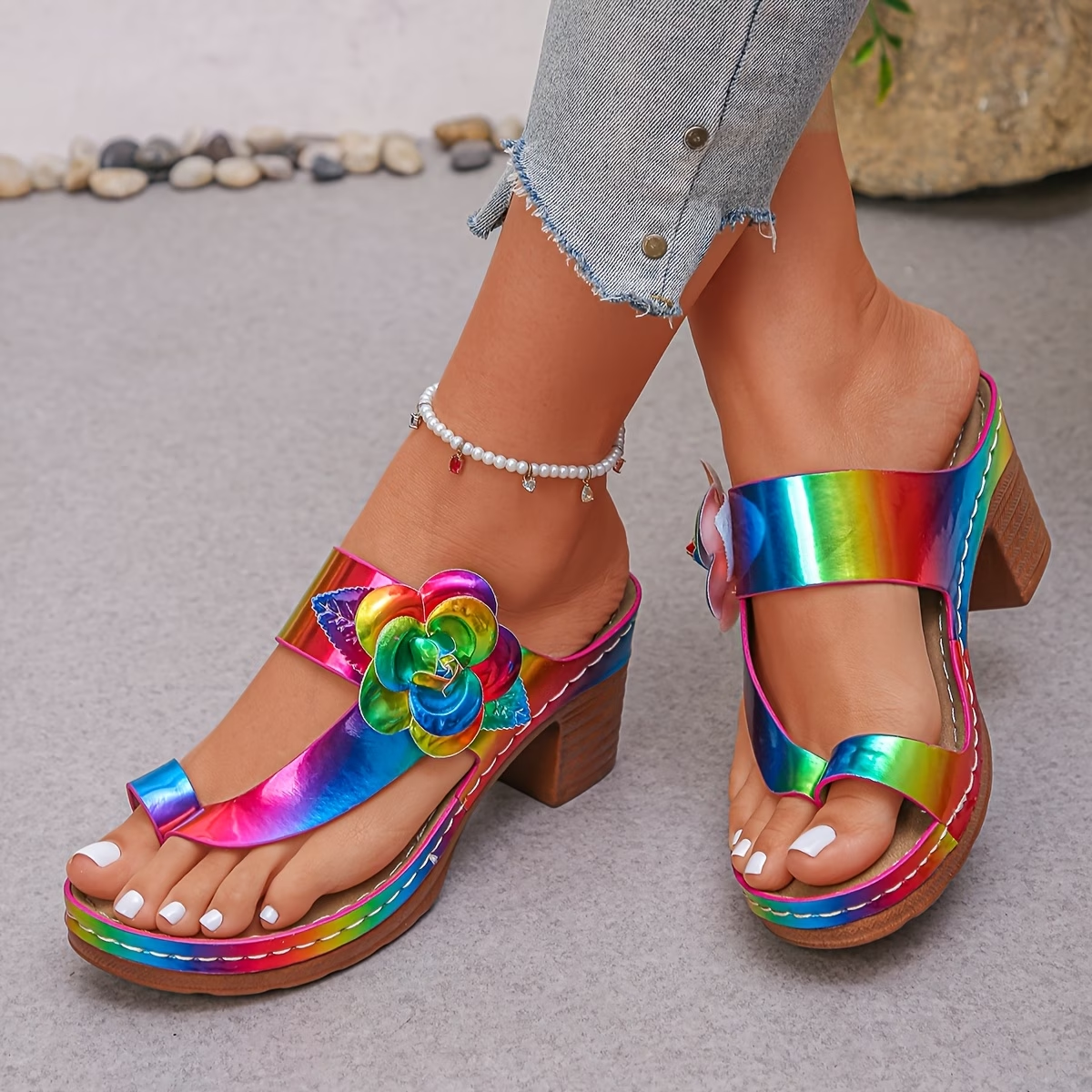 Iridescent Floral Applique Block Heel Sandals