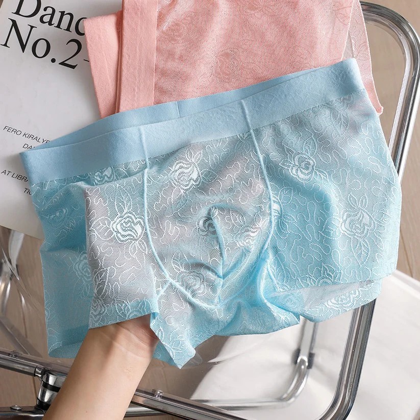 Sheer Floral Lace Boxer Briefs with Breathable Mesh Design