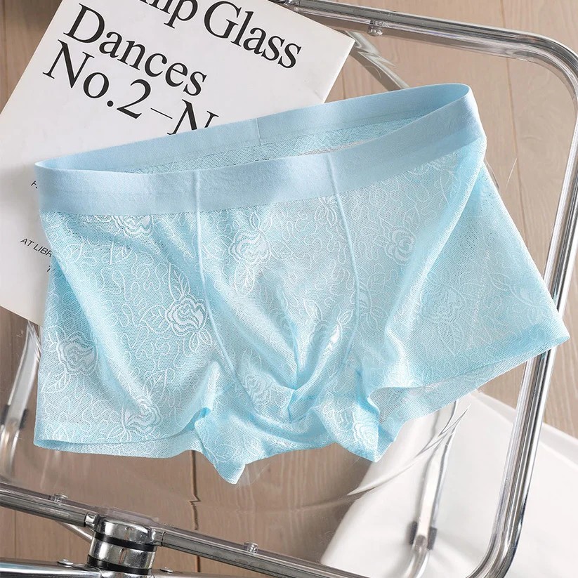 Sheer Floral Lace Boxer Briefs with Breathable Mesh Design