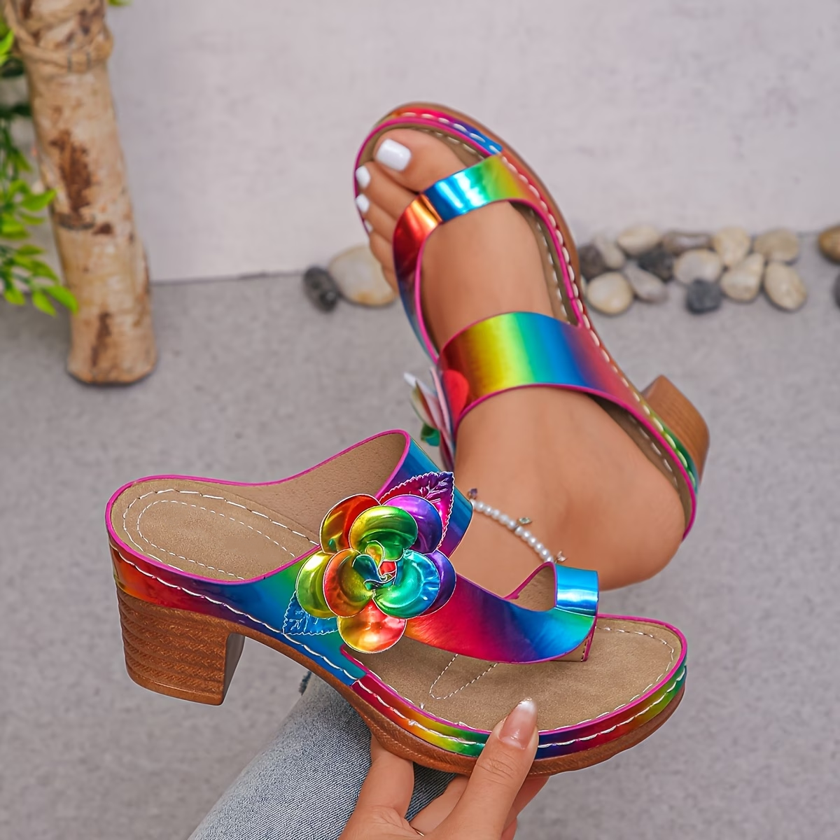 Iridescent Floral Applique Block Heel Sandals