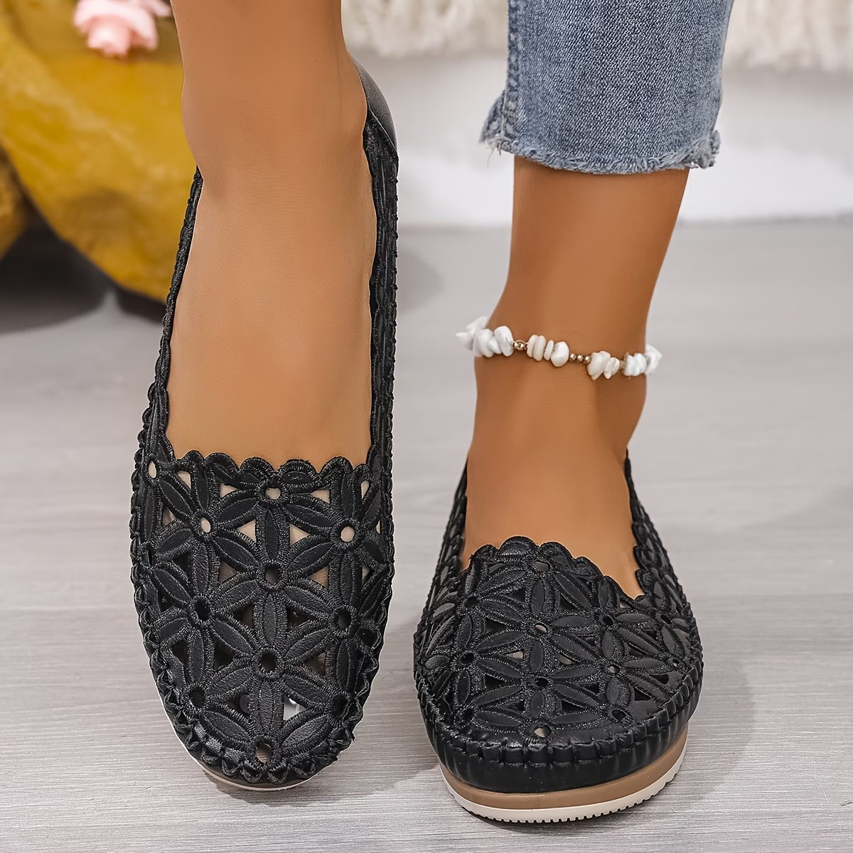 Floral Cutout Slip-On Flats with Soft Cushioned Sole and Breathable Design