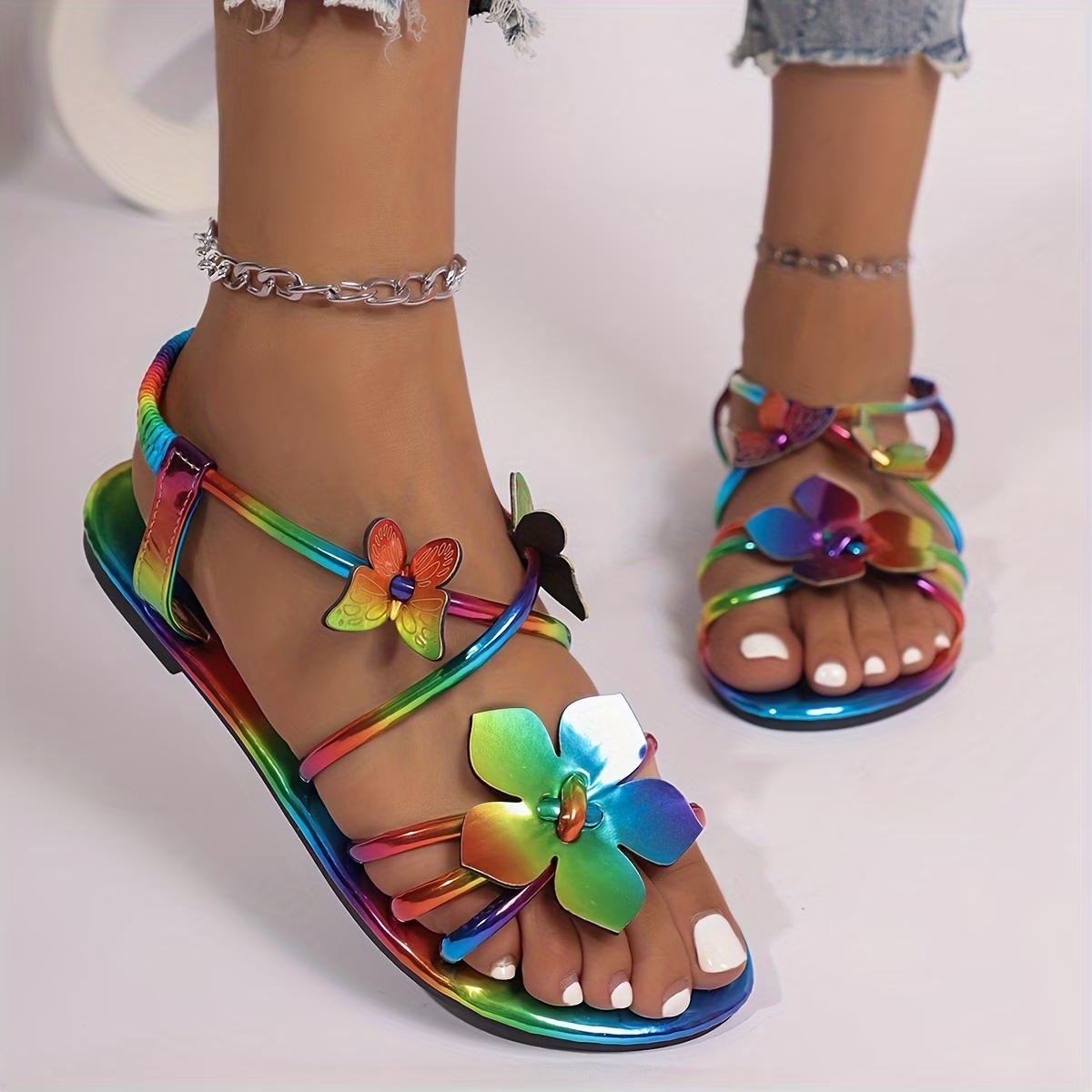 Iridescent Butterfly Applique Flat Sandals