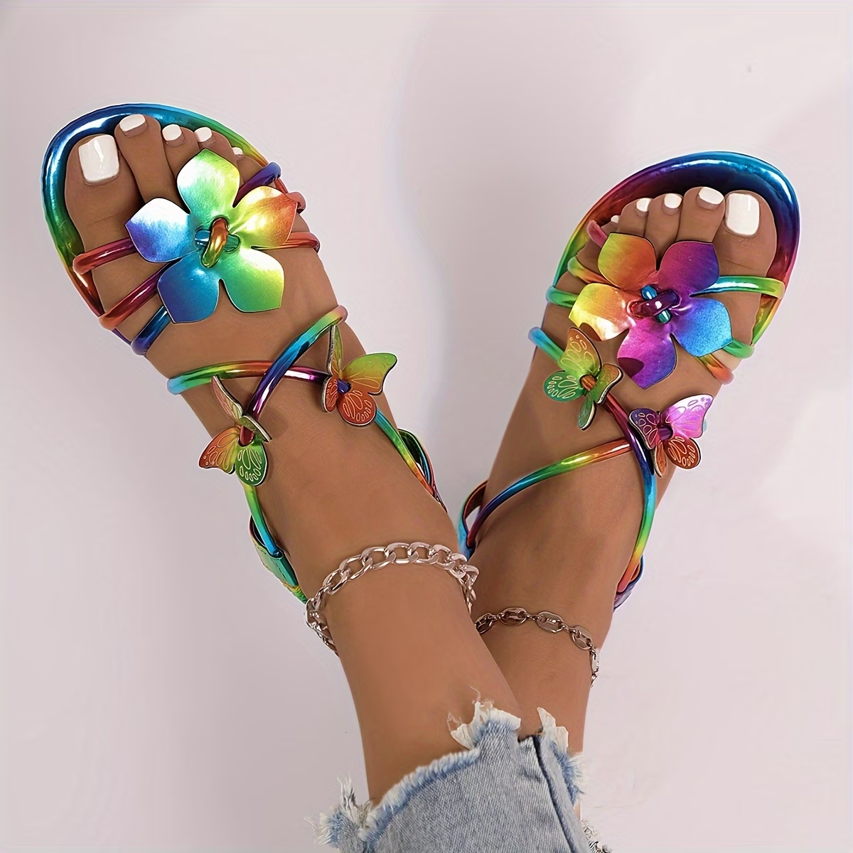 Iridescent Butterfly Applique Flat Sandals
