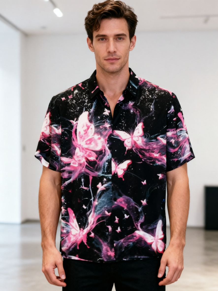 Cosmic Butterfly Print Short Sleeve Shirt Artistic Night Sky Design