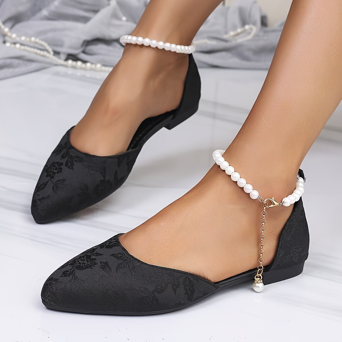 Elegant Floral Jacquard Flats with Detachable Pearl Ankle Strap