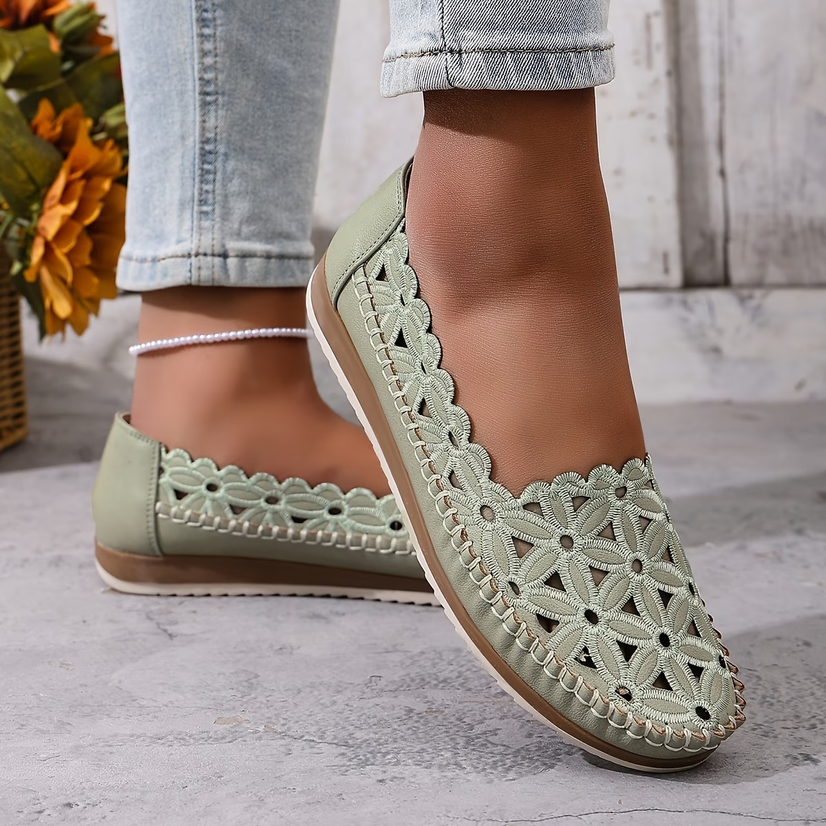 Floral Cutout Slip-On Flats with Soft Cushioned Sole and Breathable Design