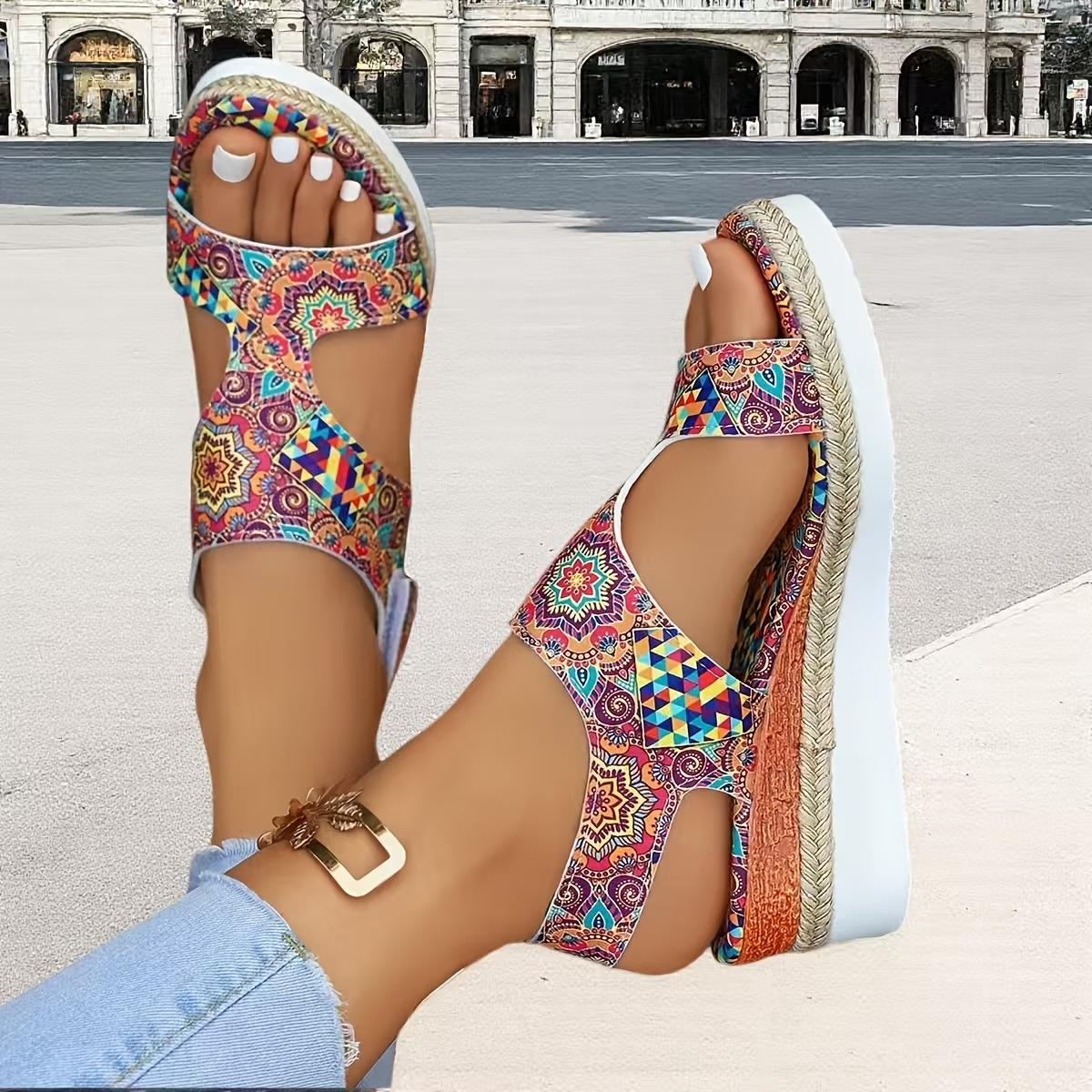 Bohemian Print Wedge Sandals with Espadrille Sole and Adjustable Ankle Strap