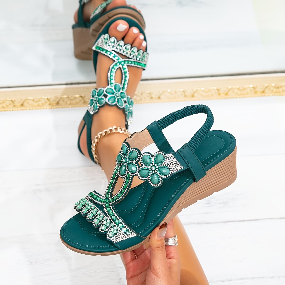 Rhinestone Embellished Wedge Sandals with Floral Detail and Elastic Ankle Strap