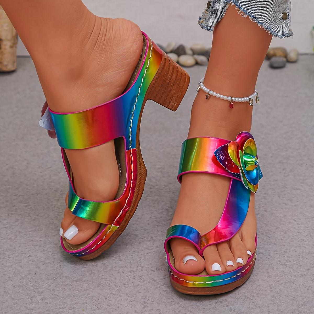 Iridescent Floral Applique Block Heel Sandals
