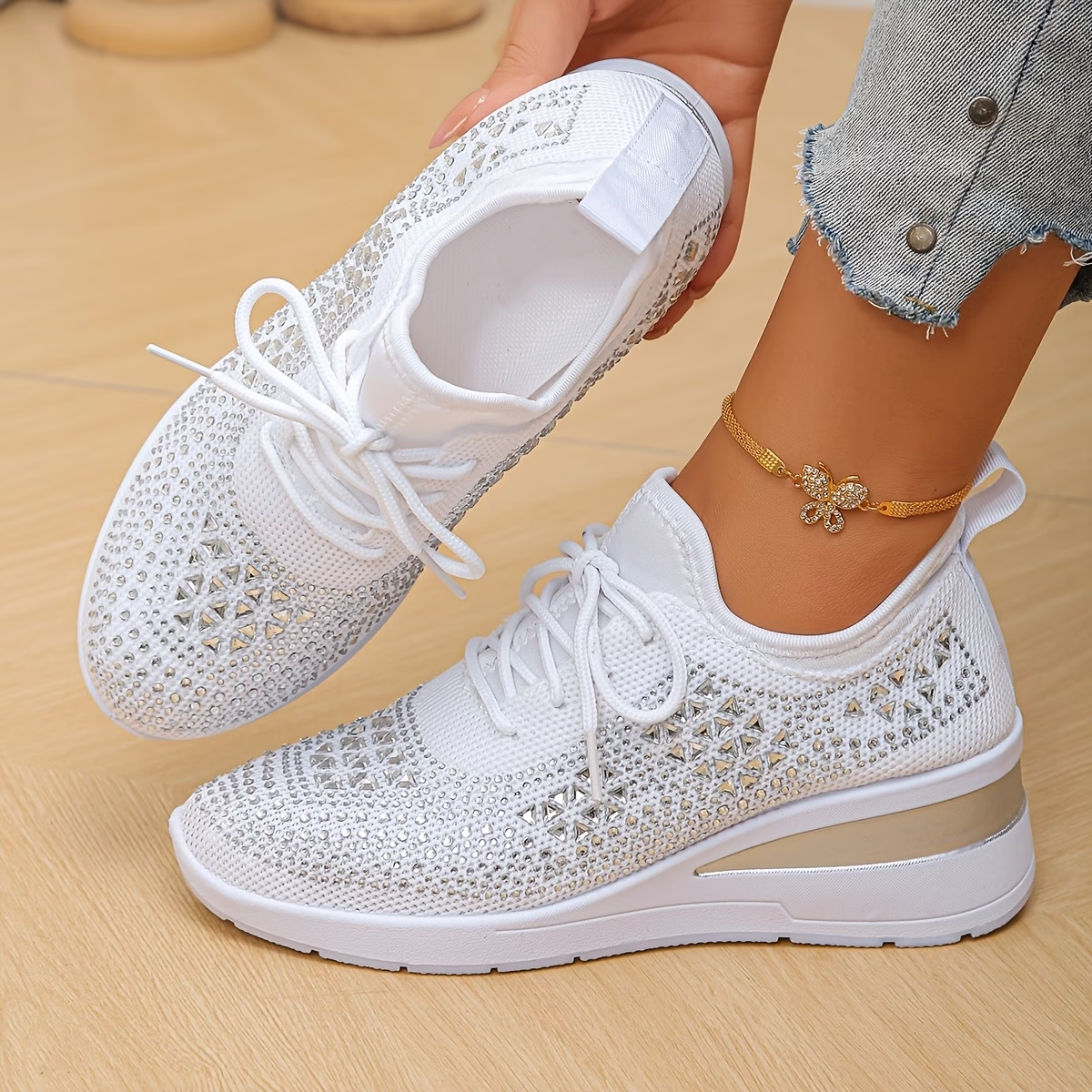 Rhinestone Mesh Lace Up Sneakers