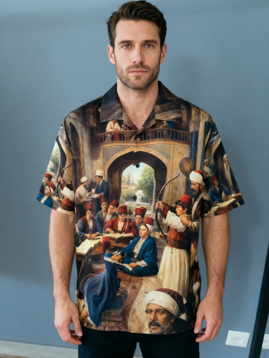 Vintage Art Print Camp Collar Shirt Relaxed Fit