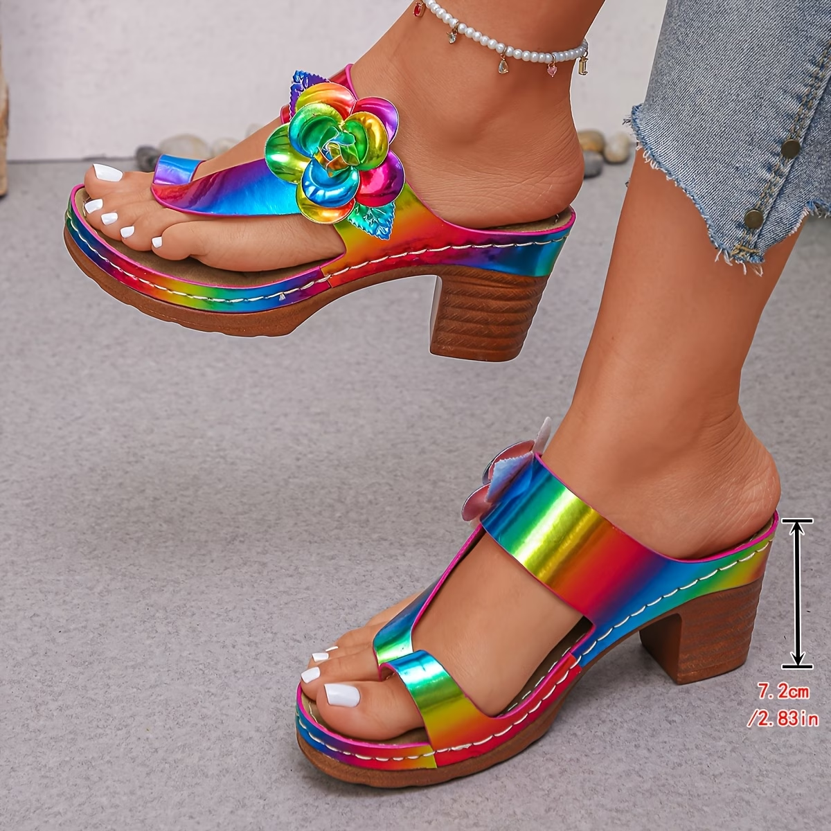 Iridescent Floral Applique Block Heel Sandals