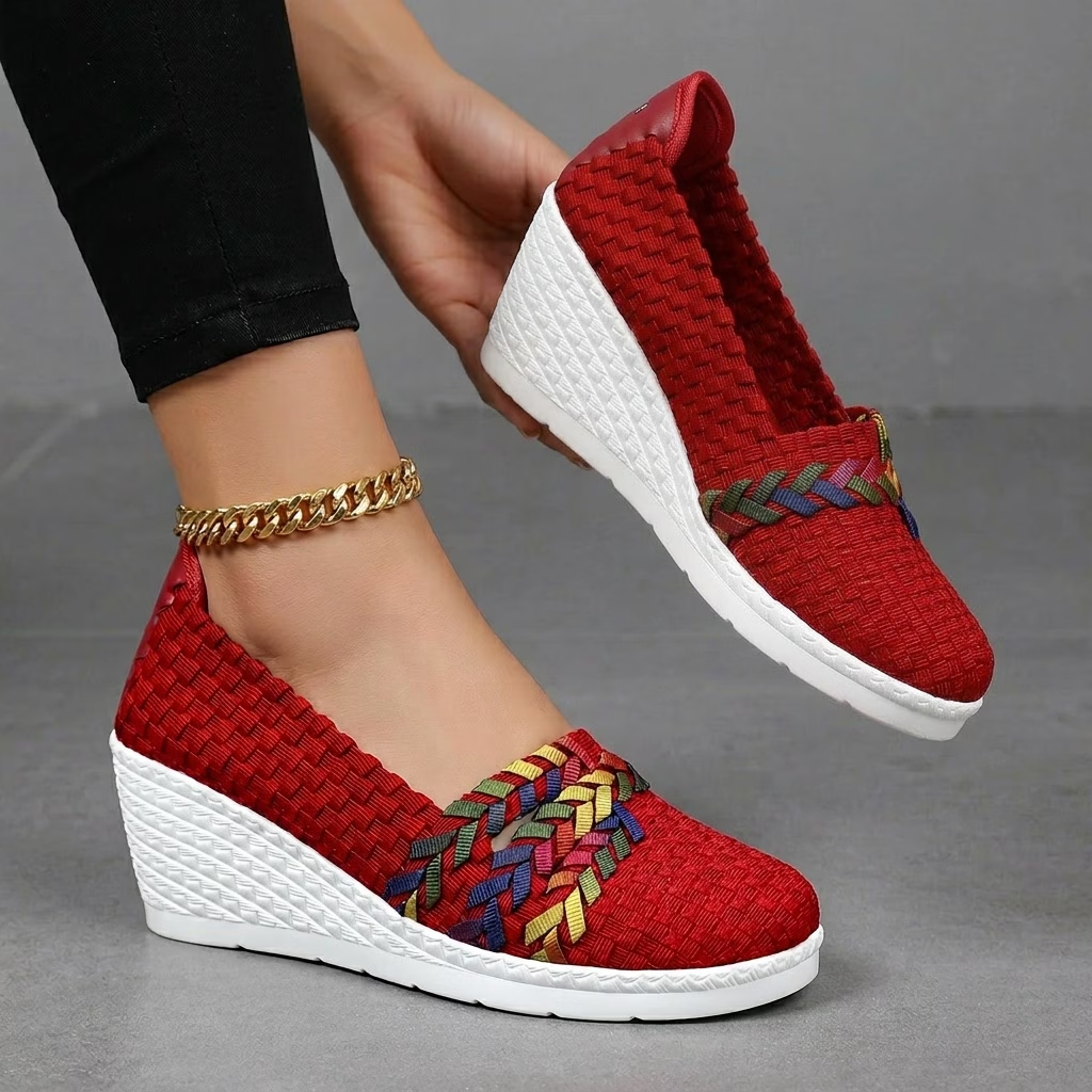 Woven Slip On Wedge Flats with Braided Detail and Lightweight Sole