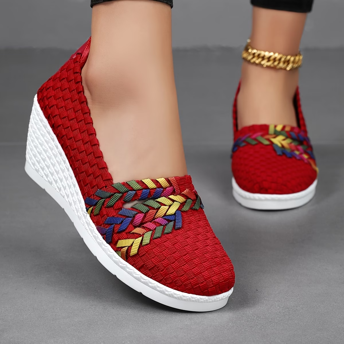 Woven Slip On Wedge Flats with Braided Detail and Lightweight Sole