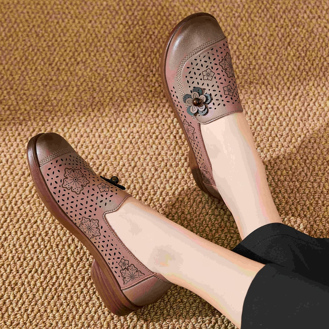 Floral Embellished Perforated Slip-On Loafers with Soft Cushioned Sole