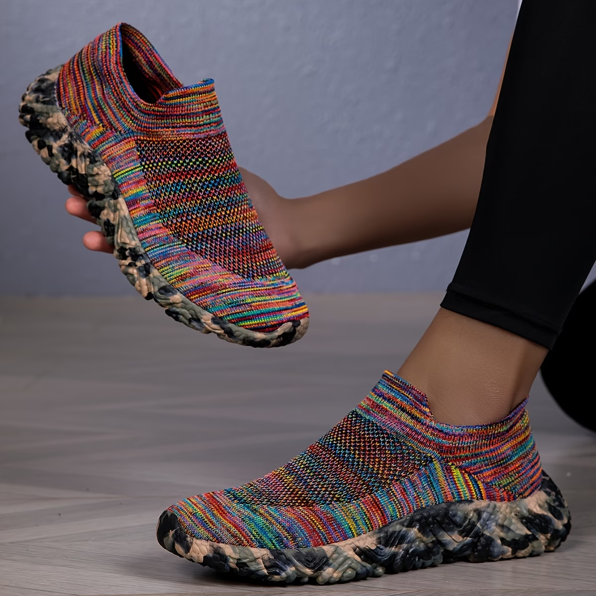 Colorful Knit Slip On Sock Sneakers With Textured Sole