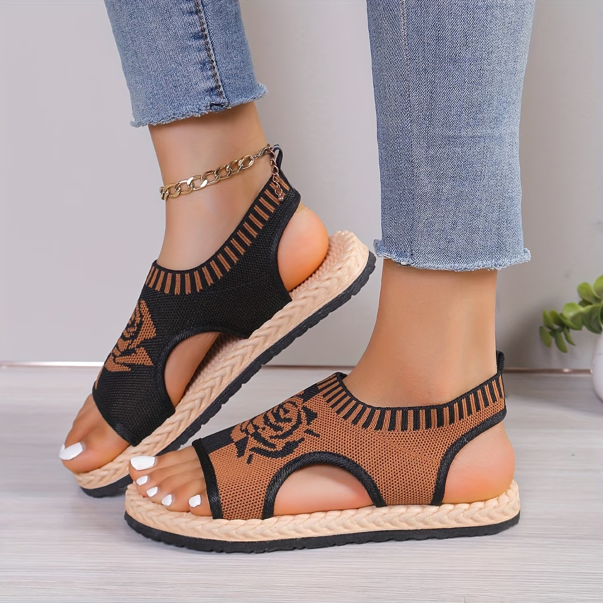 Knit Rose Pattern Espadrille Wedge Sandals