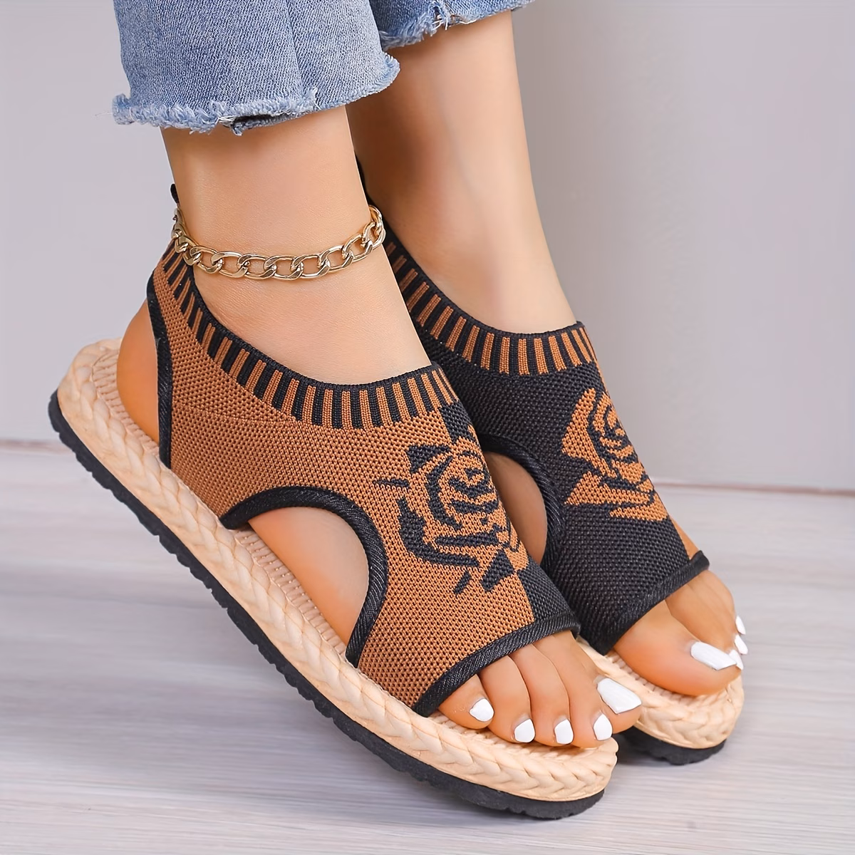 womens floral print knitted sandals slip on lightweight stretch walking shoes slingback shoes Product details 7