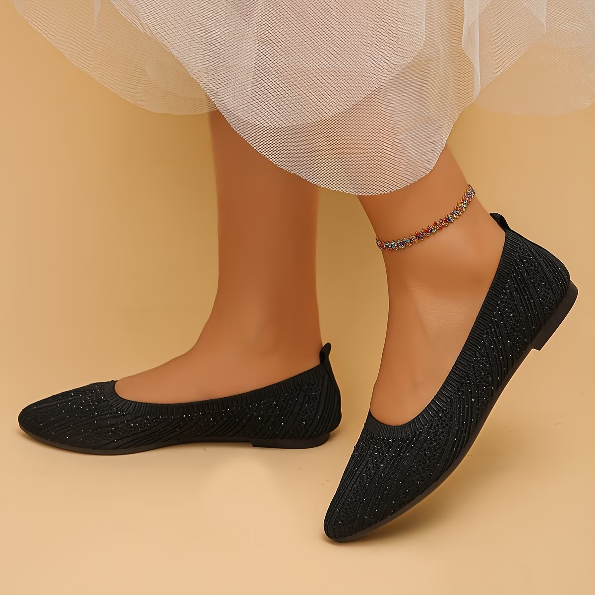 Rhinestone Embellished Pointed Toe Slip-On Flats with Knit Upper