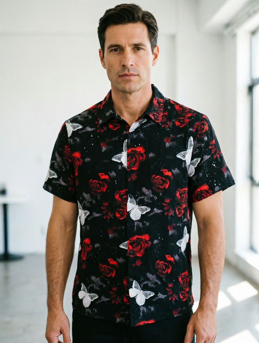 Midnight Rose And Butterfly Short Sleeve Shirt Artistic Floral Print