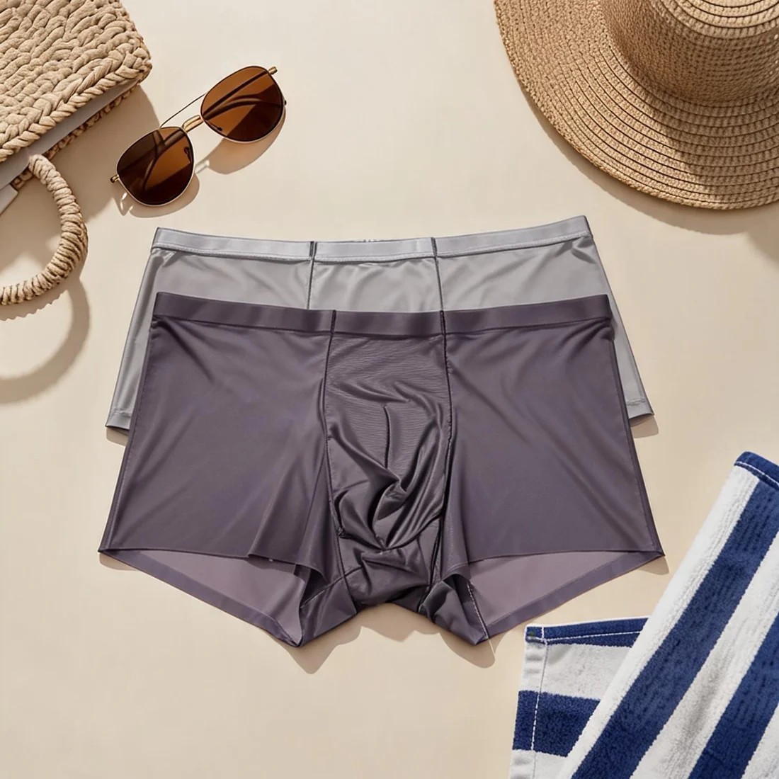Ice Silk Boxer Briefs with Glossy Finish and Mesh Pouch Design