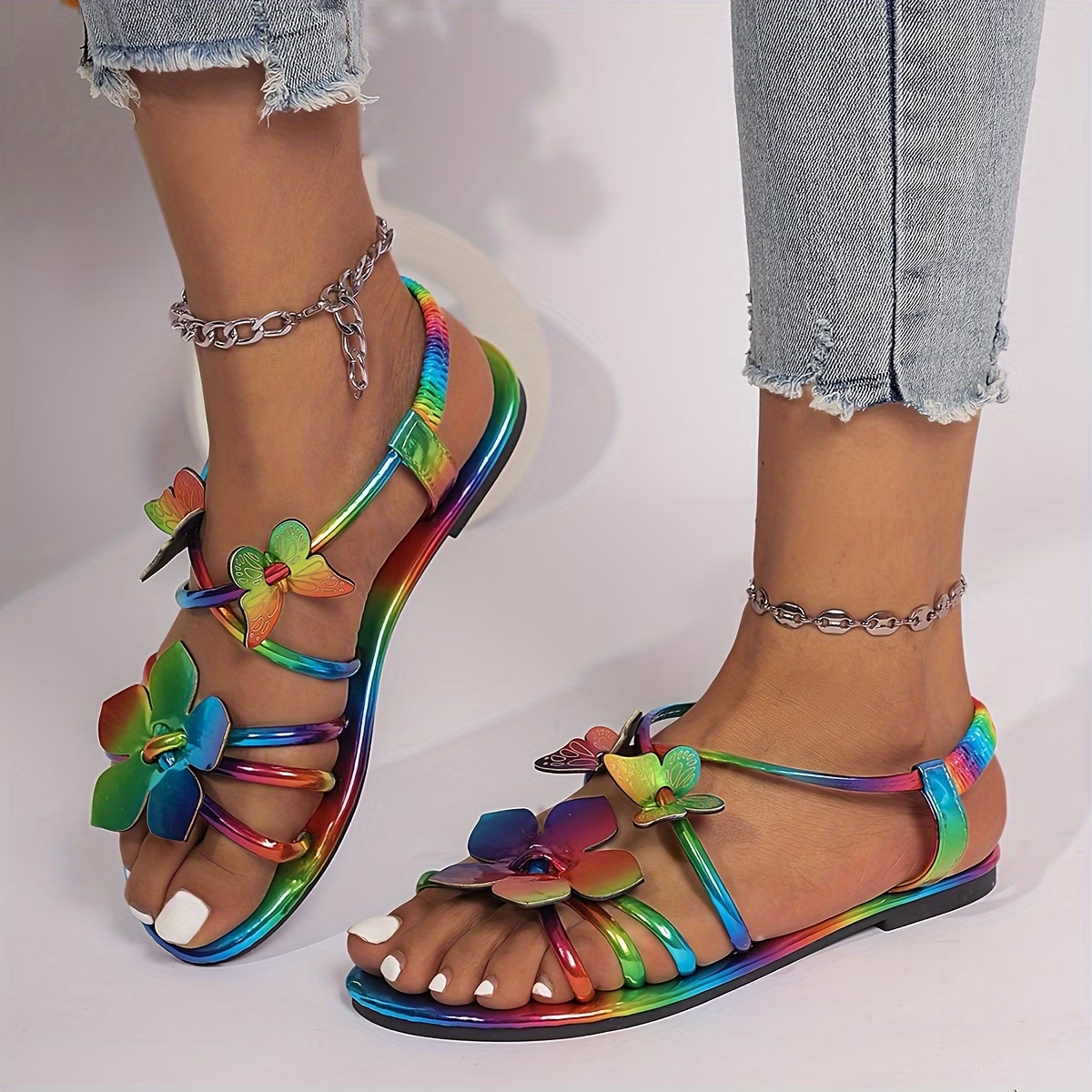 Iridescent Butterfly Applique Flat Sandals