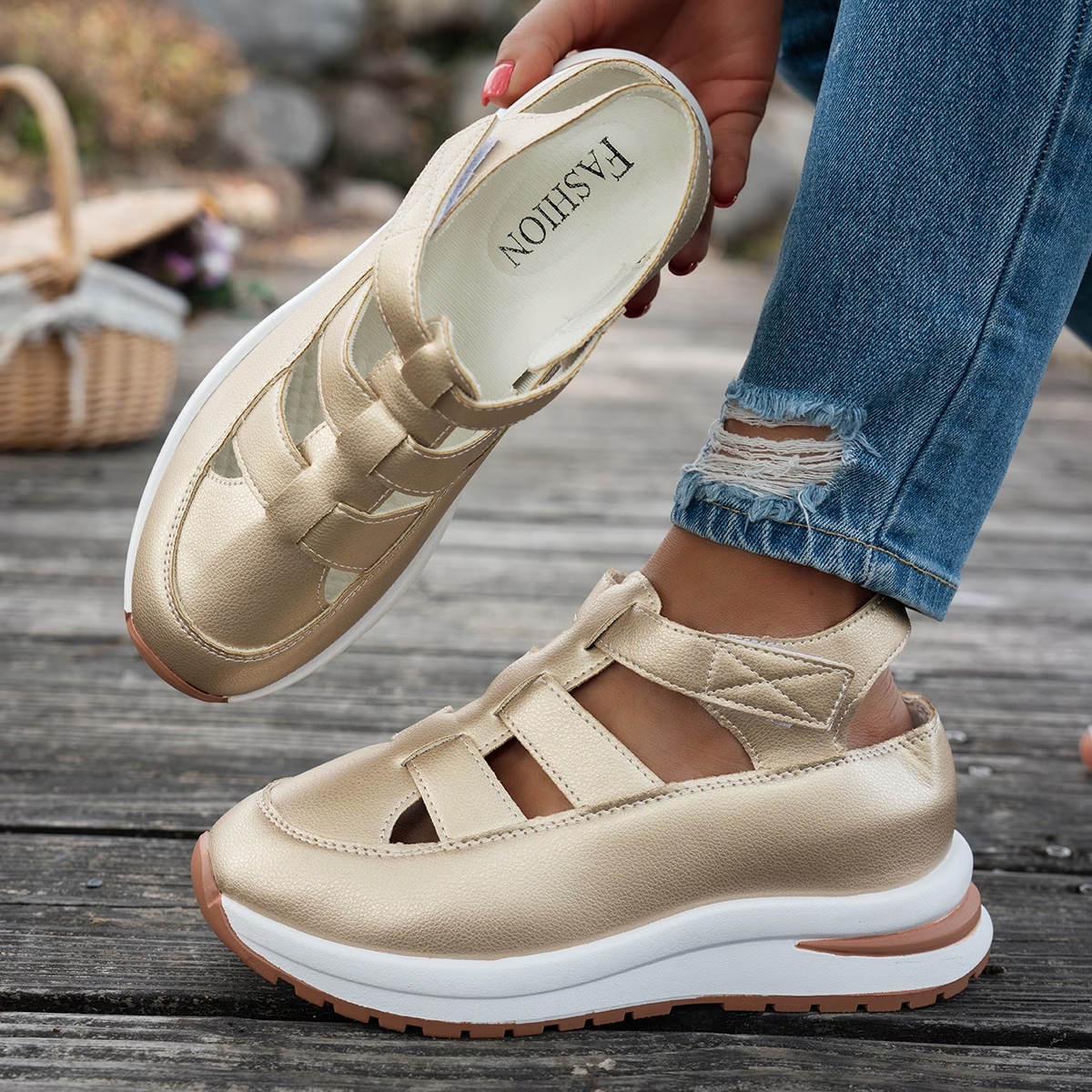 Platform Sandals with Velcro Straps and Hollow Cutout Design for Breathable Comfort