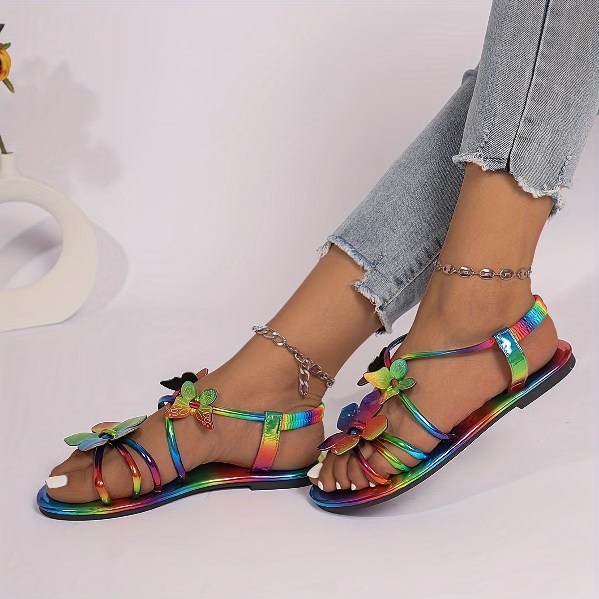 Iridescent Butterfly Applique Flat Sandals