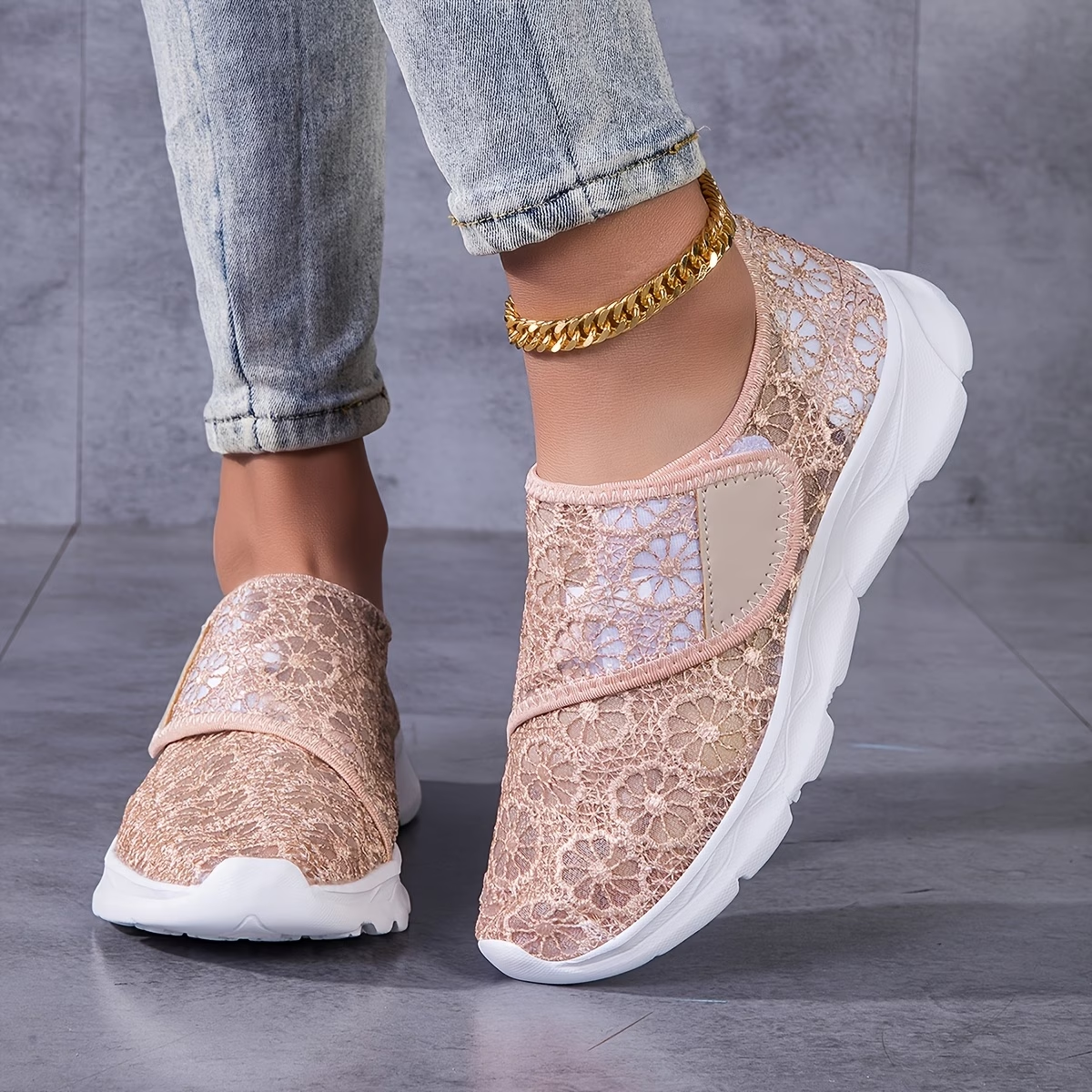 Lace Mesh Slip-On Platform Sneakers