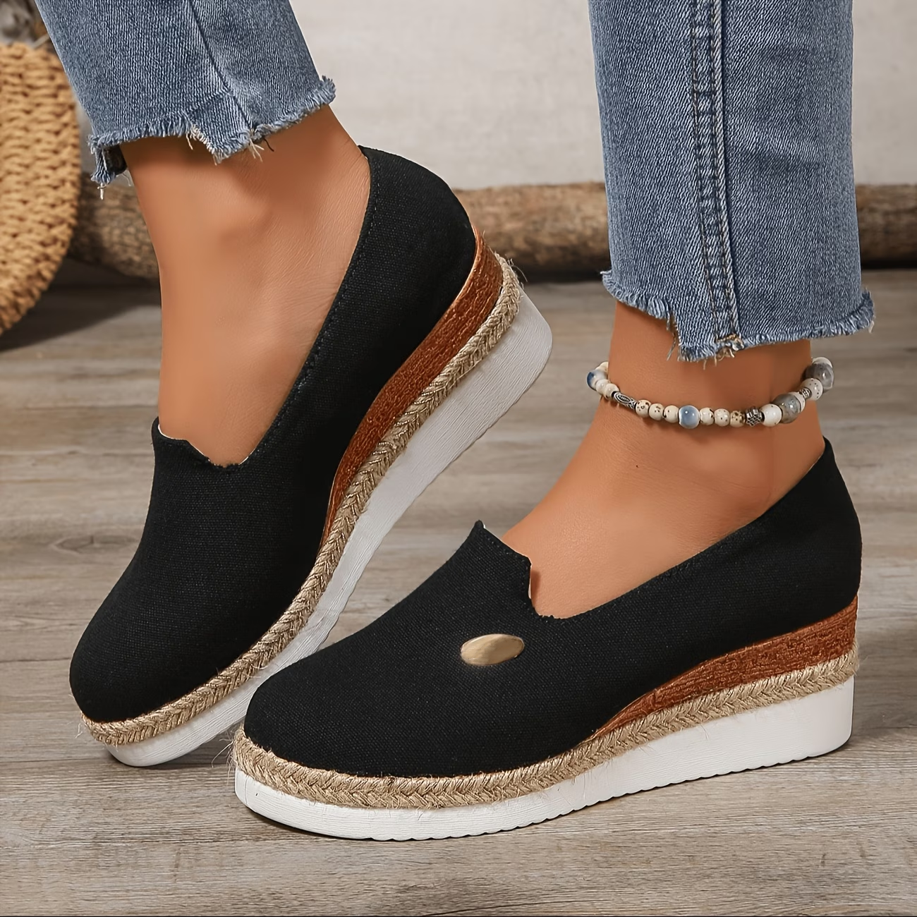 Canvas Espadrille Wedge Slip Ons with Braided Jute Sole