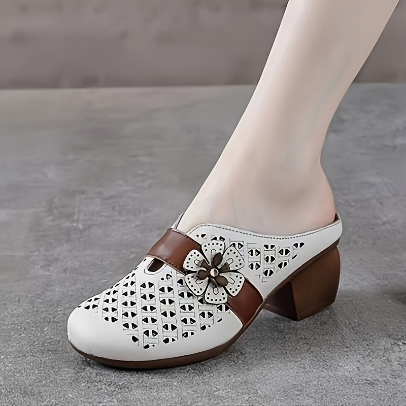 Ethnic Style Hollow Out Block Heel Mule Sandals with Flower Decoration