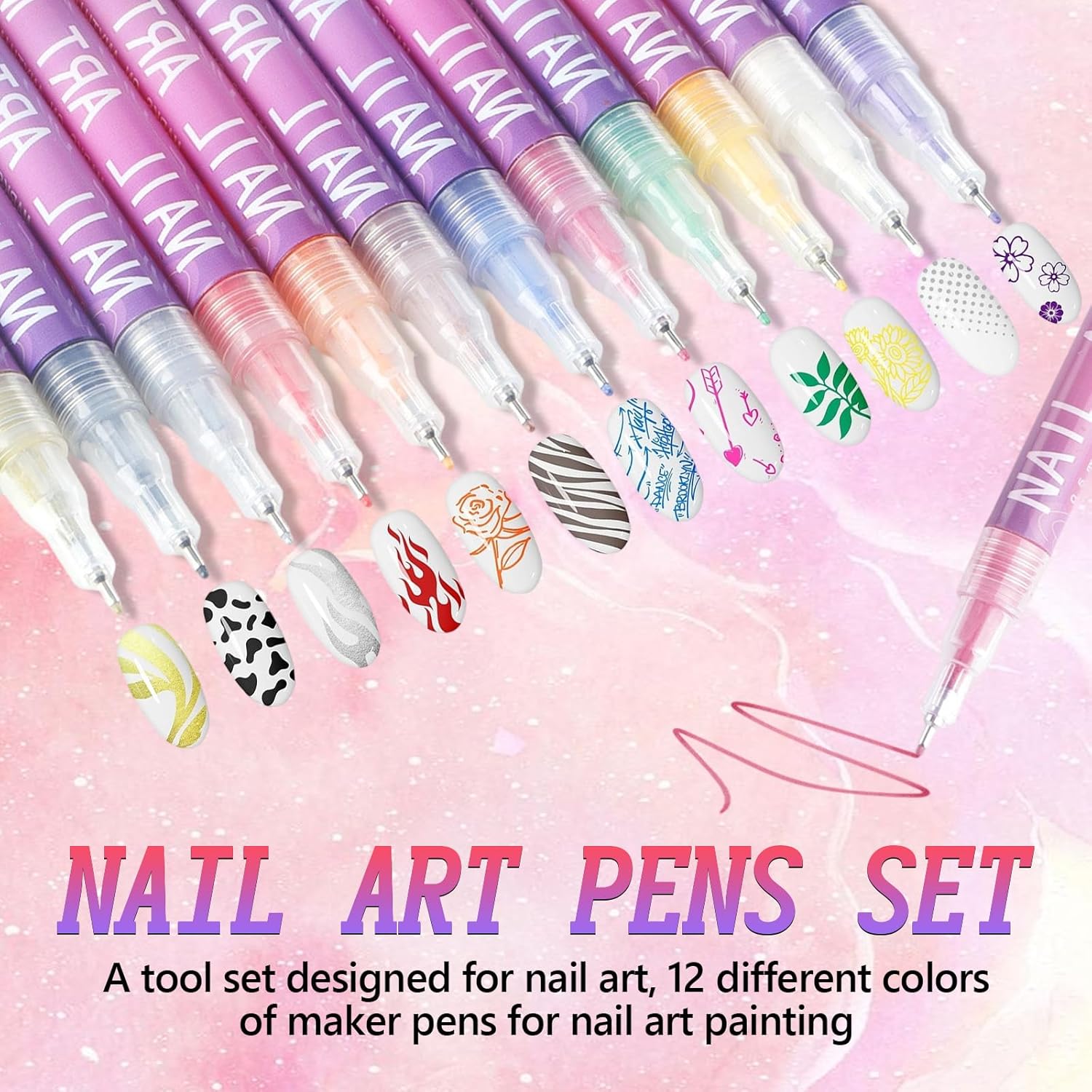 12 Colors Nail Art Pens Set, Nail Art Markers for Gel Nails, Drawing Painting Point Liner Acrylic Painted Pen Kit, Waterproof and Quick-drying Nail for DIY Nails Art Design Manicure Tools