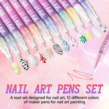 12 Colors Nail Art Pens Set, Nail Art Markers for Gel Nails, Drawing Painting Point Liner Acrylic Painted Pen Kit, Waterproof and Quick-drying Nail for DIY Nails Art Design Manicure Tools