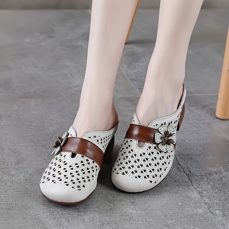 Ethnic Style Hollow Out Block Heel Mule Sandals with Flower Decoration