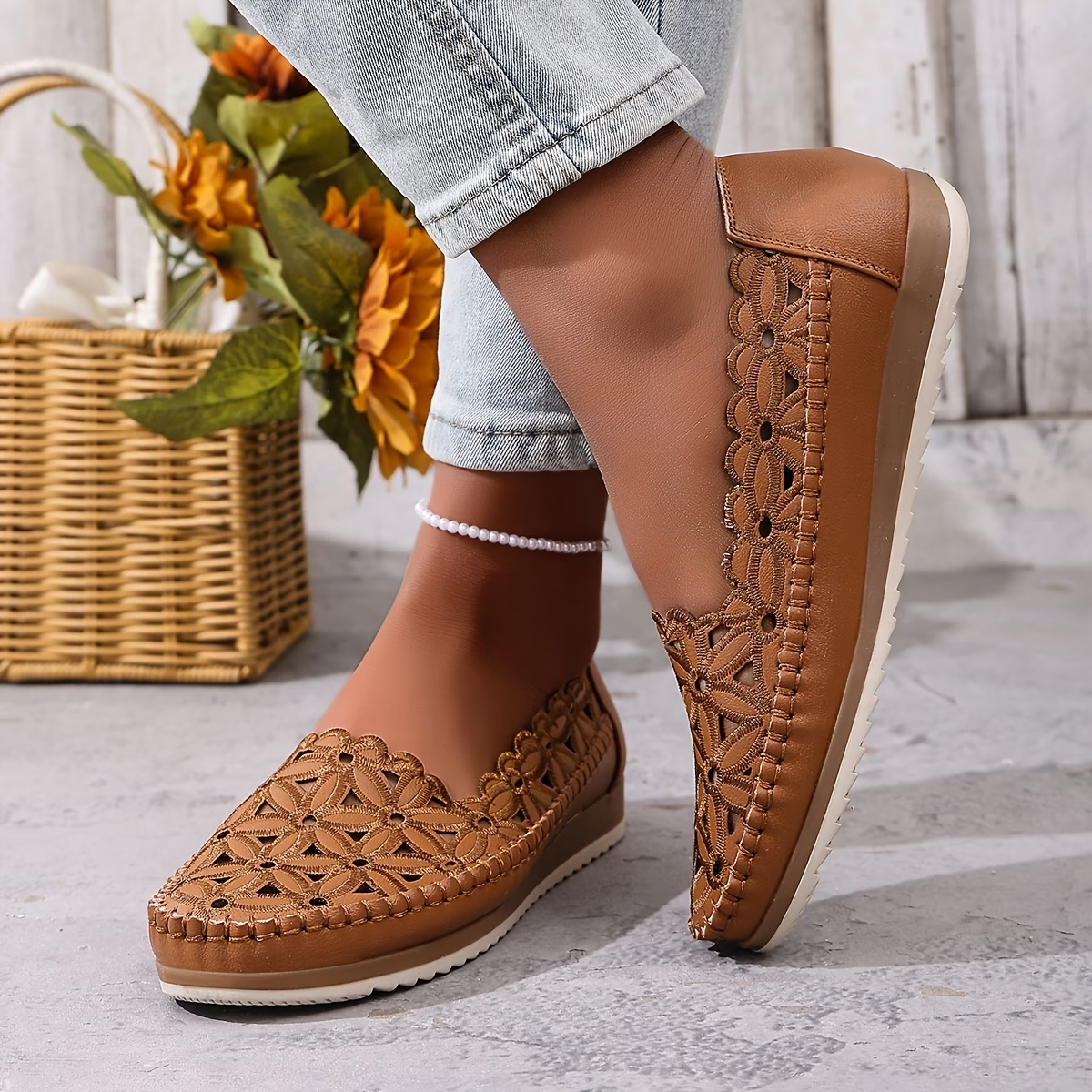 Floral Cutout Slip-On Flats with Soft Cushioned Sole and Breathable Design
