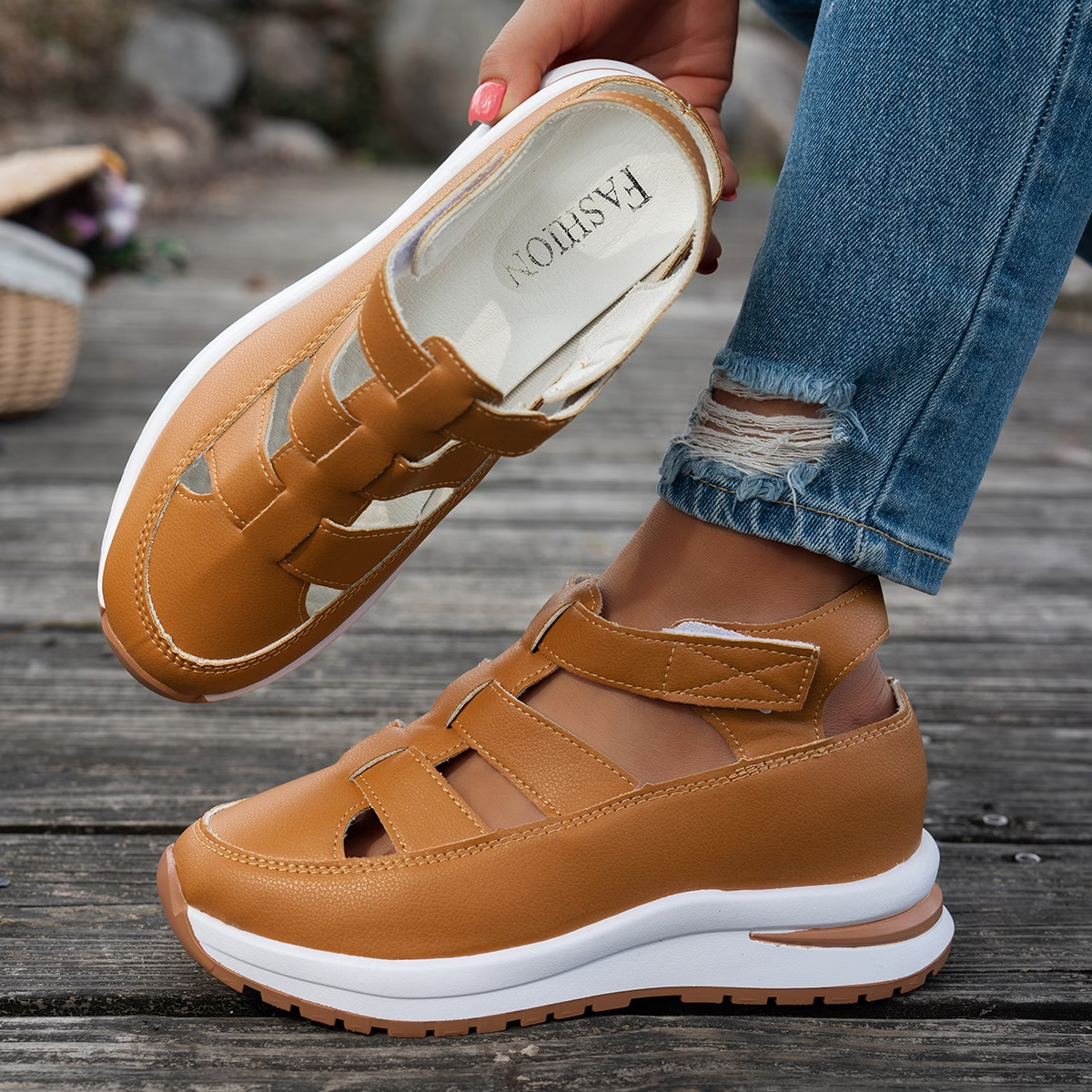 Platform Sandals with Velcro Straps and Hollow Cutout Design for Breathable Comfort