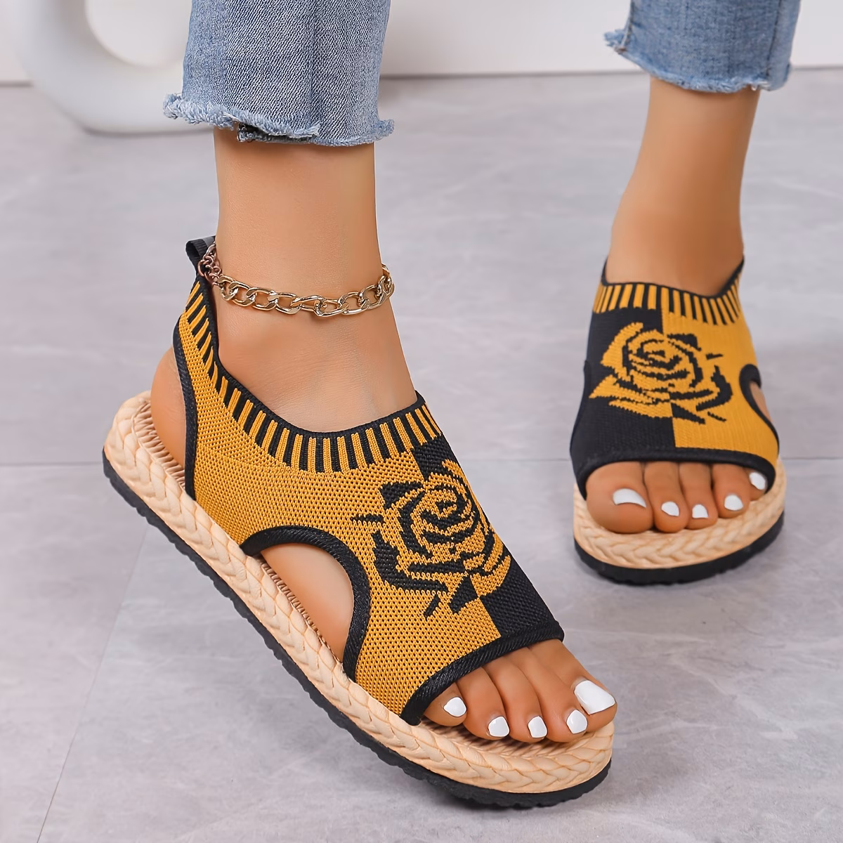 womens floral print knitted sandals slip on lightweight stretch walking shoes slingback shoes Product details 12