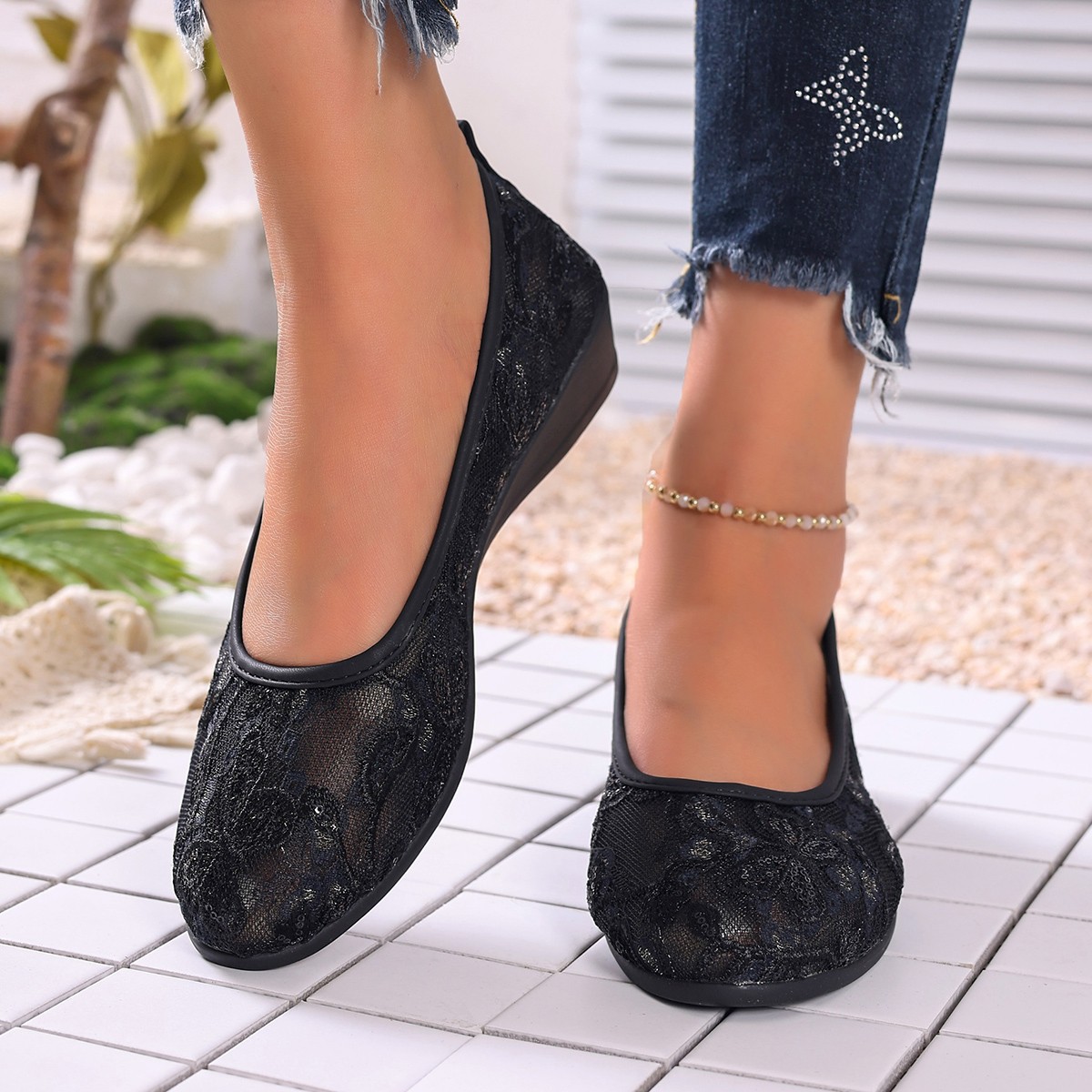 Lace Mesh Slip-On Flats with Wedge Heel and Floral Embroidery