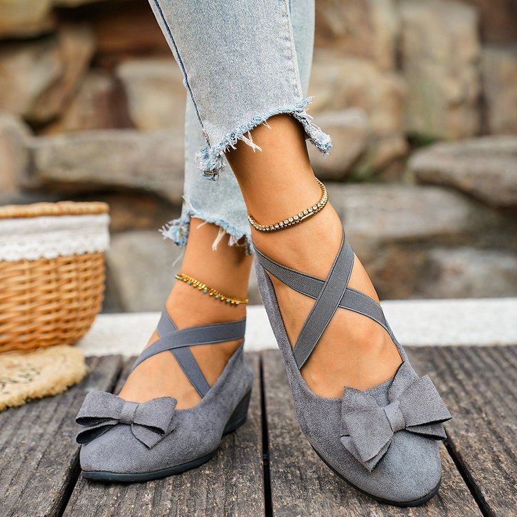 Bow Cross Strap Wedge Heel Suede Ballet Flats for Women