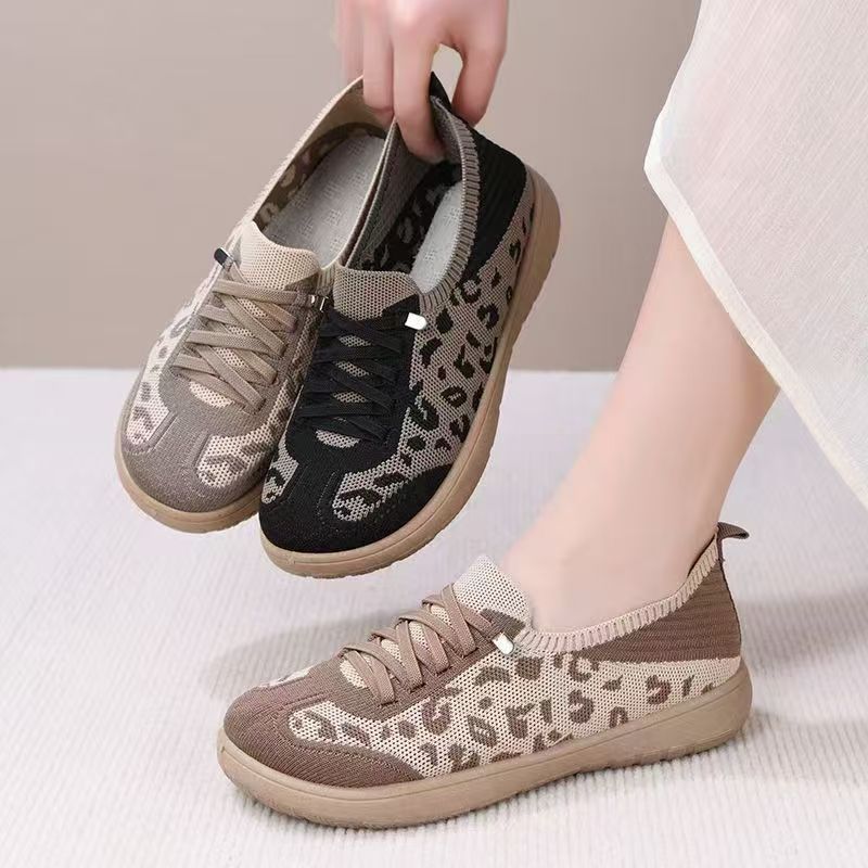 Breathable Mesh Slip On Sneakers With Leopard Print Design And Soft Sole