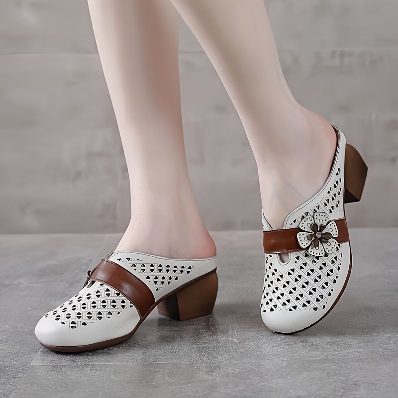 Ethnic Style Hollow Out Block Heel Mule Sandals with Flower Decoration