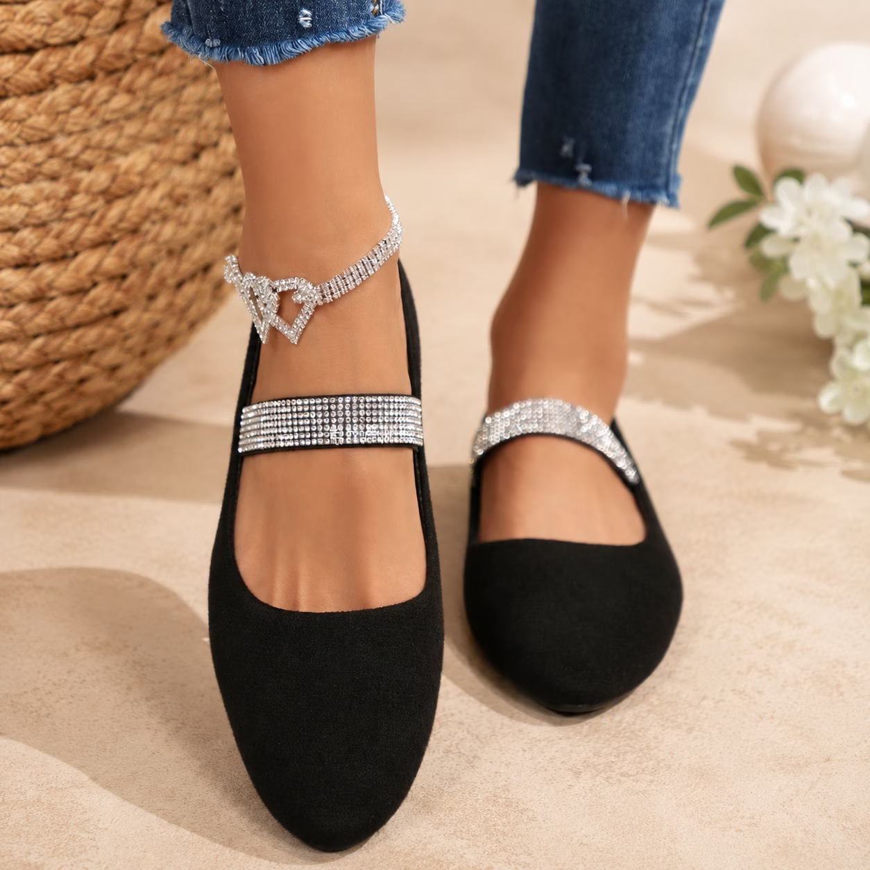 Suede Square Toe Mary Jane Flats with Rhinestone Strap